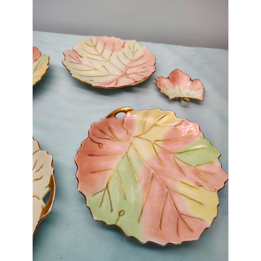 Leaf Shaped Ceramic Dinner Set Plates Saucers Small Plate Pink Green 1956